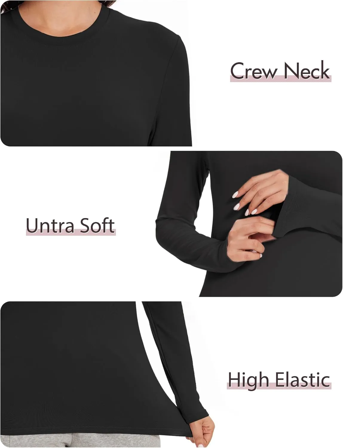 5 Pack Womens Basic Long Sleeve Shirts Crew Neck Slim-Fit Fitted T Shirts Tops Undershirts Underscrub Baselayer