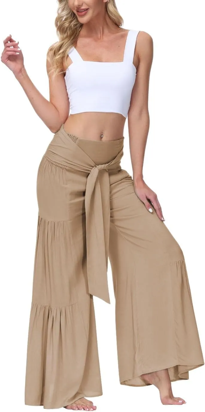 ALBIZIA High Waist Wide Leg Pant for Women Summer Casual Boho Floral Beach Pants Bohemian Belted Trousers