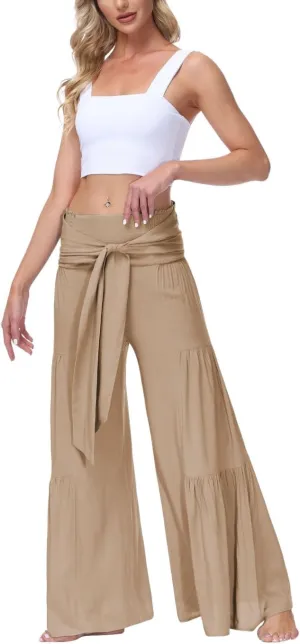 ALBIZIA High Waist Wide Leg Pant for Women Summer Casual Boho Floral Beach Pants Bohemian Belted Trousers
