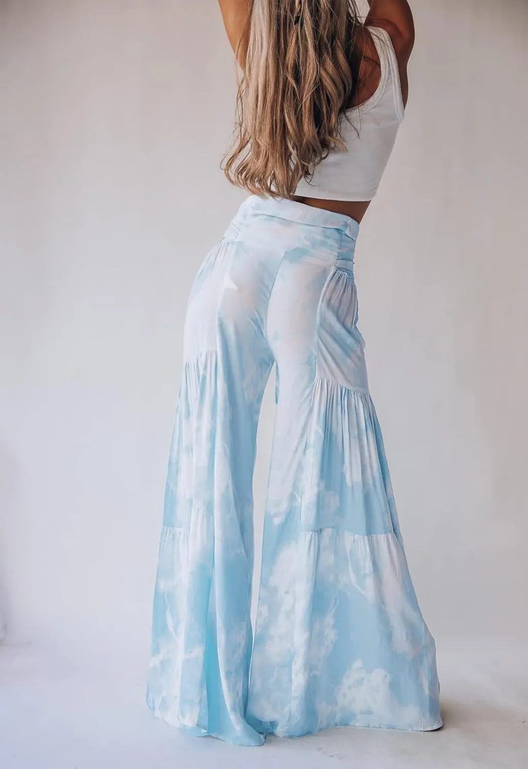 ALBIZIA High Waist Wide Leg Pant for Women Summer Casual Boho Floral Beach Pants Bohemian Belted Trousers