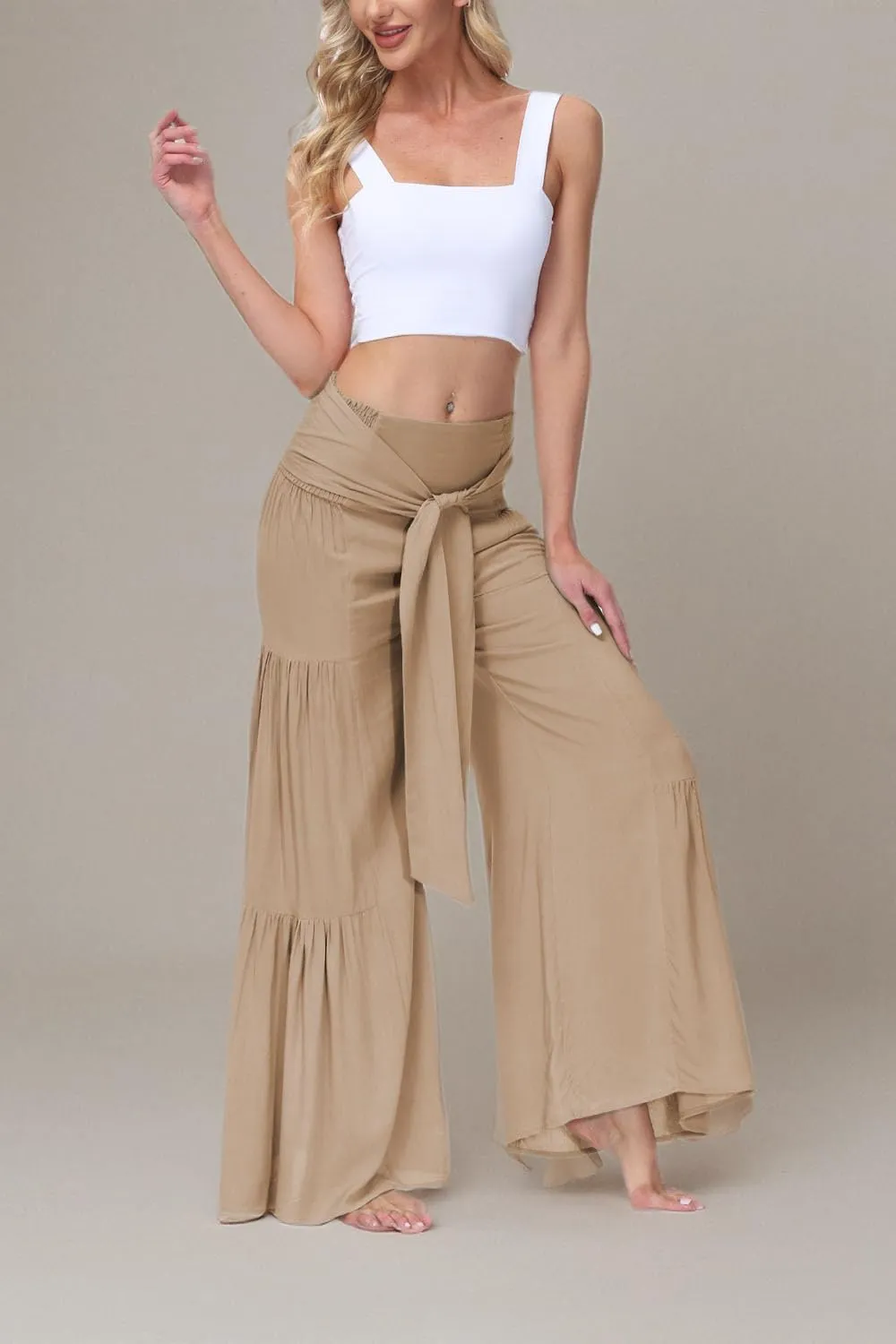 ALBIZIA High Waist Wide Leg Pant for Women Summer Casual Boho Floral Beach Pants Bohemian Belted Trousers