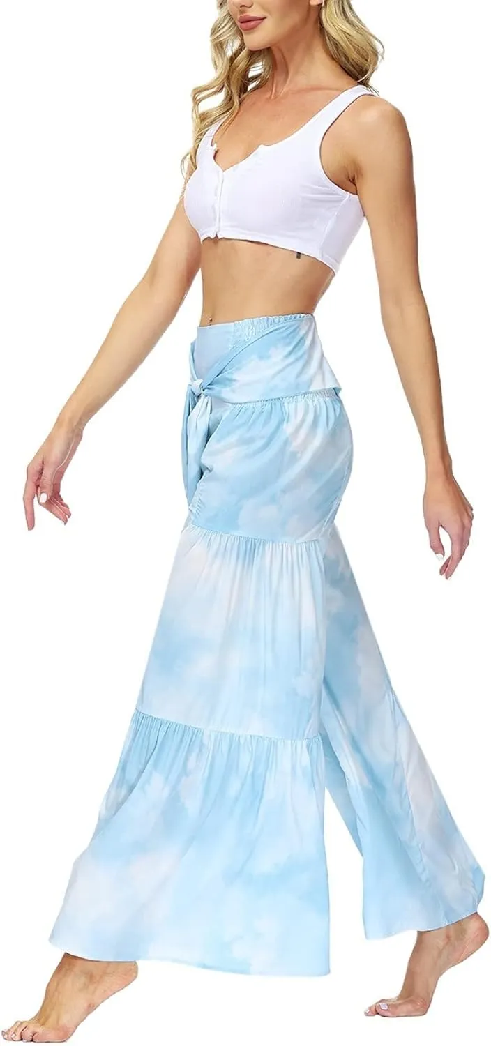 ALBIZIA High Waist Wide Leg Pant for Women Summer Casual Boho Floral Beach Pants Bohemian Belted Trousers