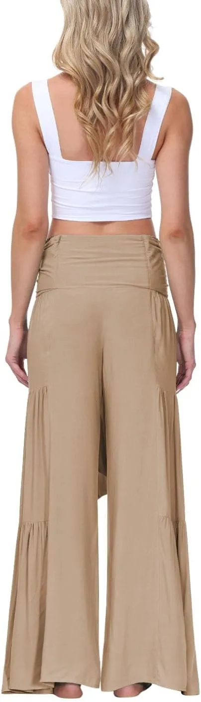 ALBIZIA High Waist Wide Leg Pant for Women Summer Casual Boho Floral Beach Pants Bohemian Belted Trousers