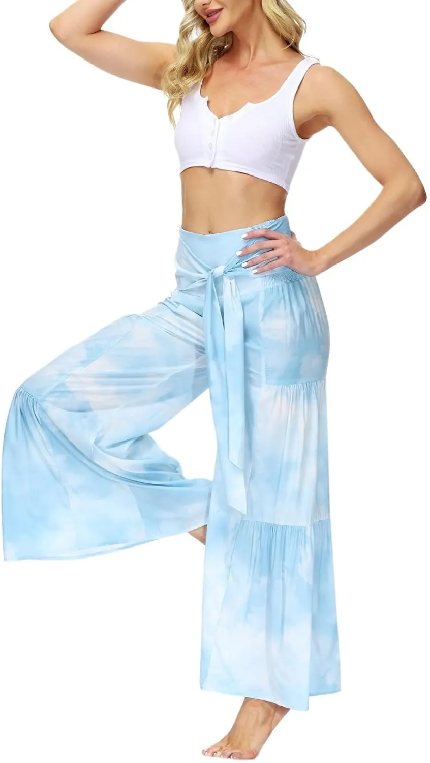 ALBIZIA High Waist Wide Leg Pant for Women Summer Casual Boho Floral Beach Pants Bohemian Belted Trousers