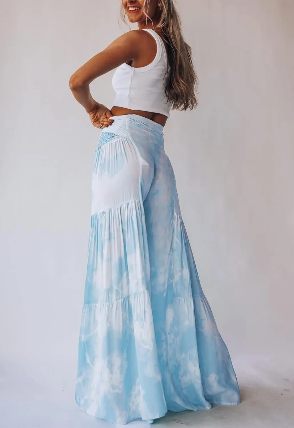 ALBIZIA High Waist Wide Leg Pant for Women Summer Casual Boho Floral Beach Pants Bohemian Belted Trousers