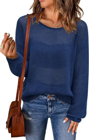 Arach&Cloz 2025 Womens Crochet Tops Wool Blended Sweaters Lightweight Long Sleeve Crew Neck Spring Fashion Knit Outfits