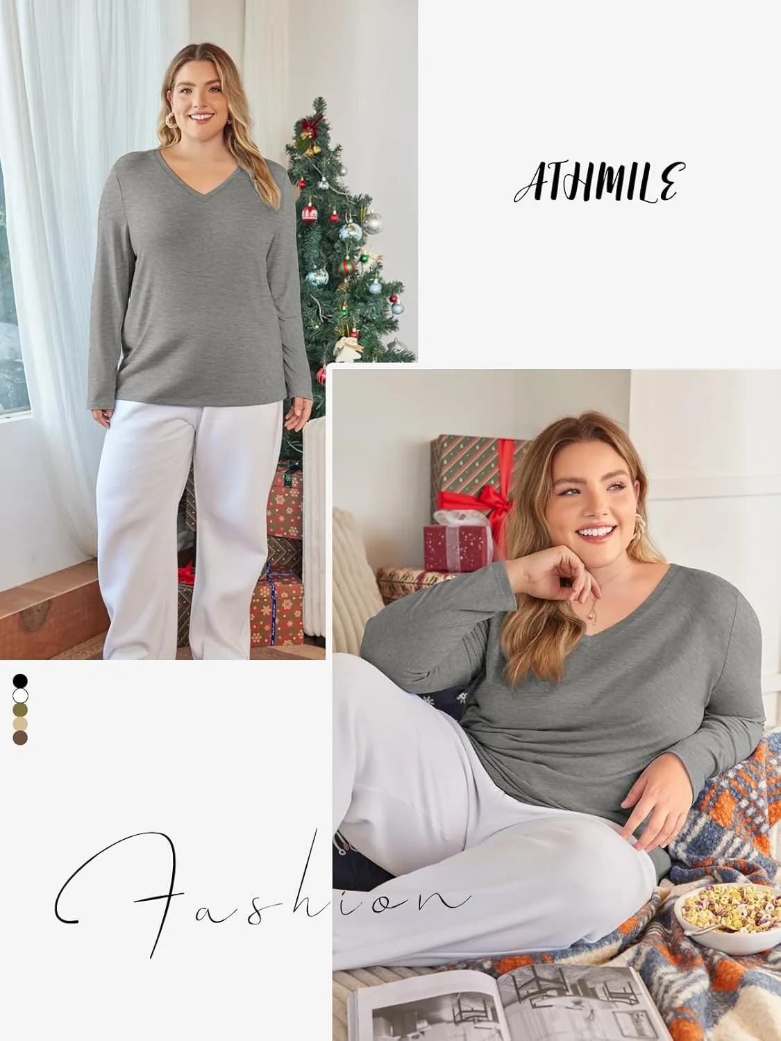 ATHMILE Womens Long Sleeve V Neck Shirts Basic Tee Casual Top Fall Trendy Tunic Outfits Fitted T Shirts