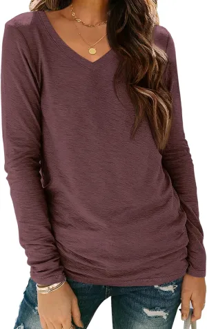 ATHMILE Womens Long Sleeve V Neck Shirts Basic Tee Casual Top Fall Trendy Tunic Outfits Fitted T Shirts