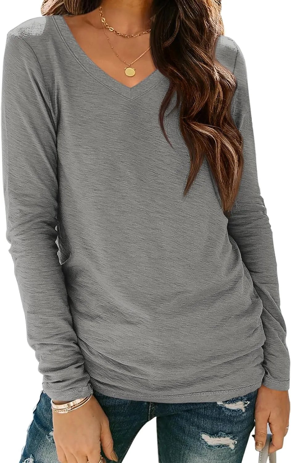 ATHMILE Womens Long Sleeve V Neck Shirts Basic Tee Casual Top Fall Trendy Tunic Outfits Fitted T Shirts