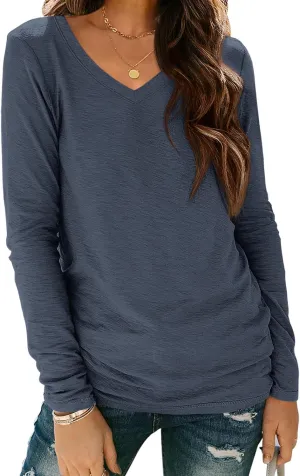 ATHMILE Womens Long Sleeve V Neck Shirts Basic Tee Casual Top Fall Trendy Tunic Outfits Fitted T Shirts