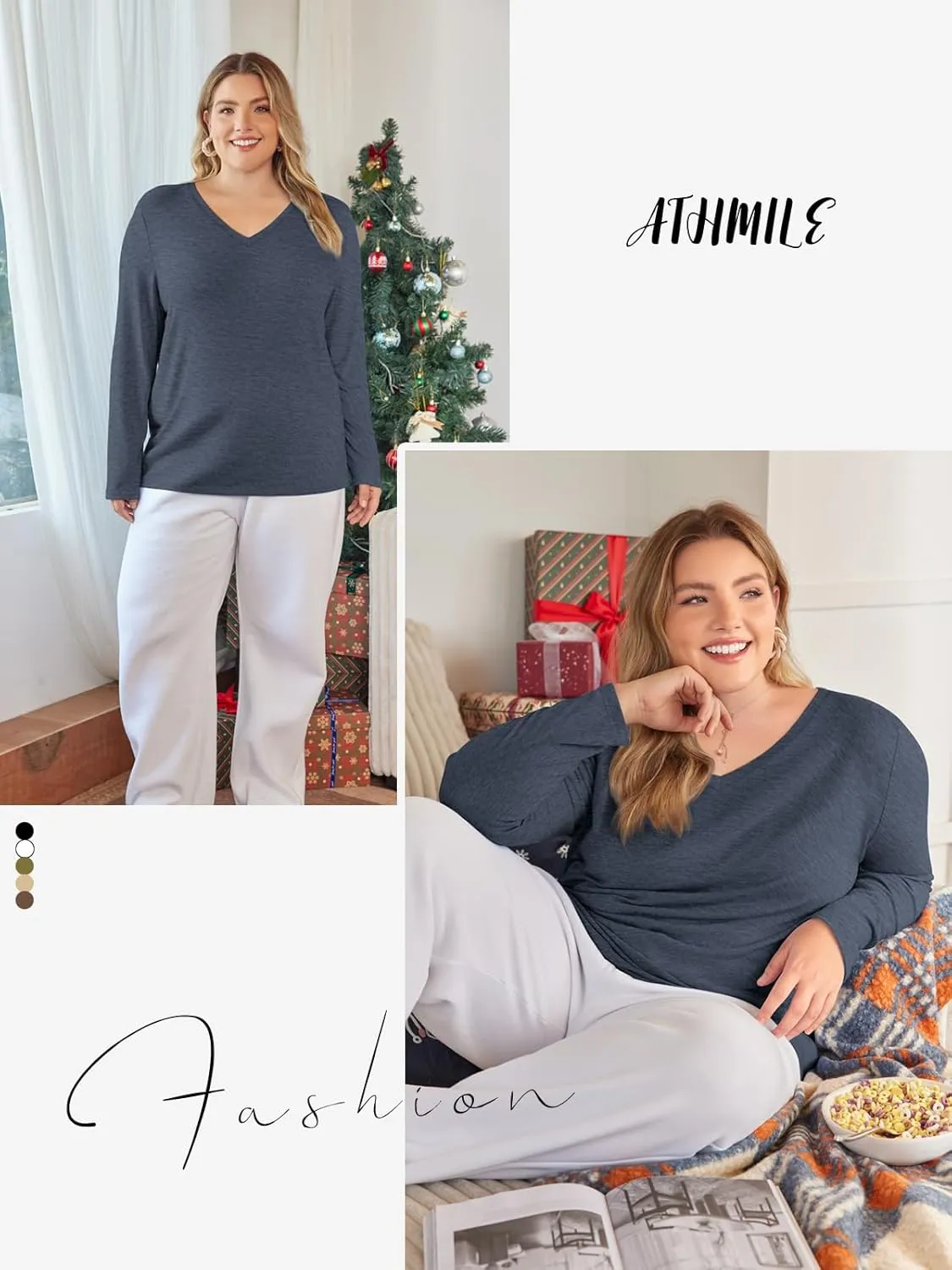ATHMILE Womens Long Sleeve V Neck Shirts Basic Tee Casual Top Fall Trendy Tunic Outfits Fitted T Shirts