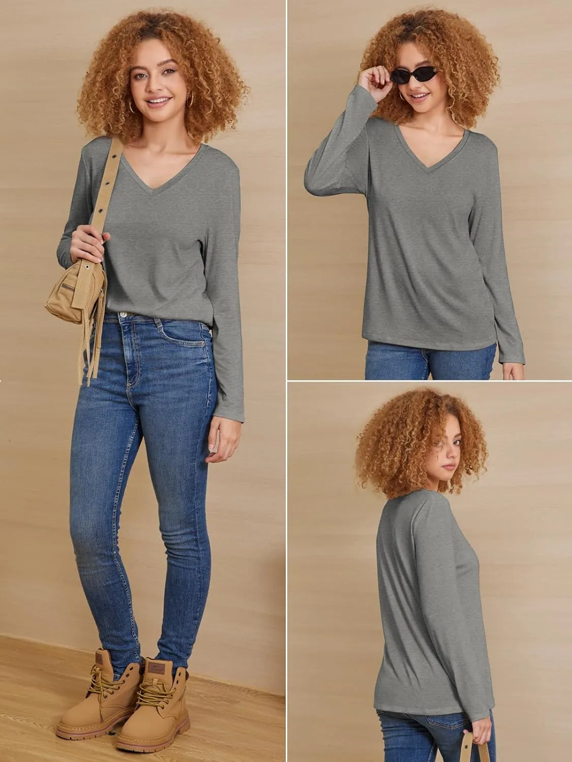 ATHMILE Womens Long Sleeve V Neck Shirts Basic Tee Casual Top Fall Trendy Tunic Outfits Fitted T Shirts
