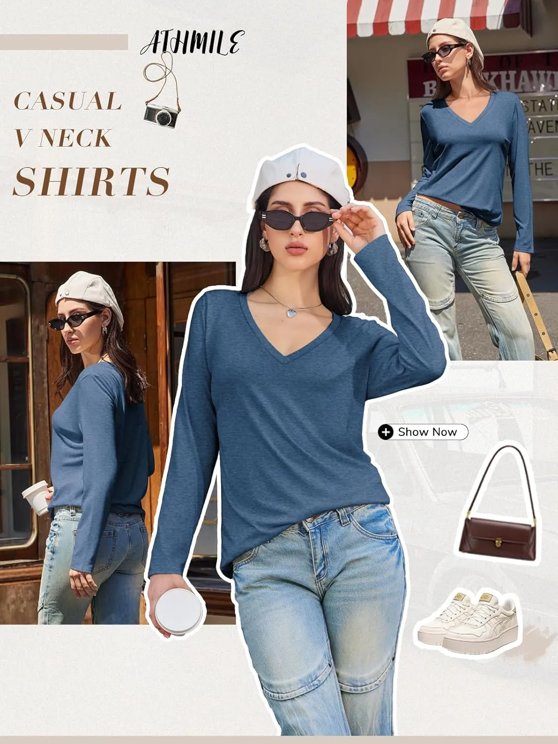 ATHMILE Womens Long Sleeve V Neck Shirts Basic Tee Casual Top Fall Trendy Tunic Outfits Fitted T Shirts