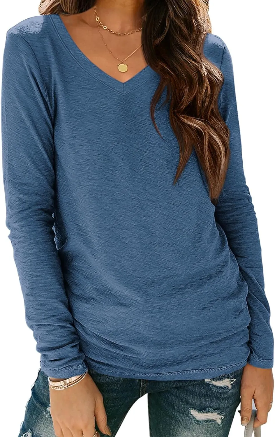ATHMILE Womens Long Sleeve V Neck Shirts Basic Tee Casual Top Fall Trendy Tunic Outfits Fitted T Shirts