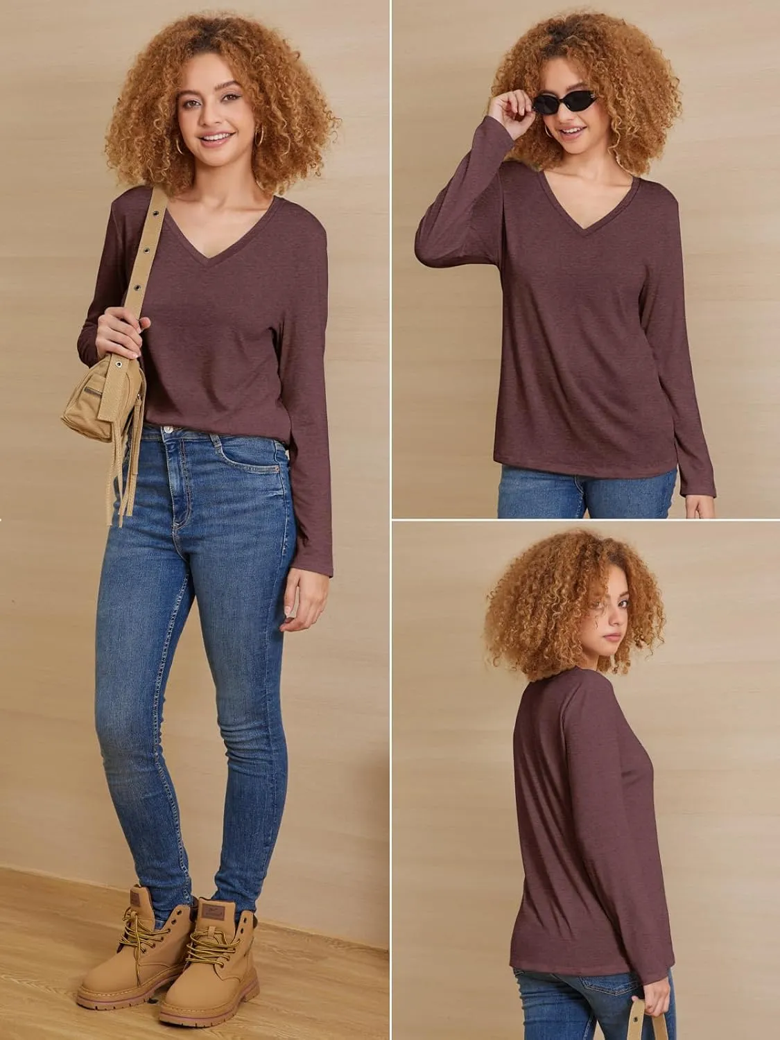 ATHMILE Womens Long Sleeve V Neck Shirts Basic Tee Casual Top Fall Trendy Tunic Outfits Fitted T Shirts