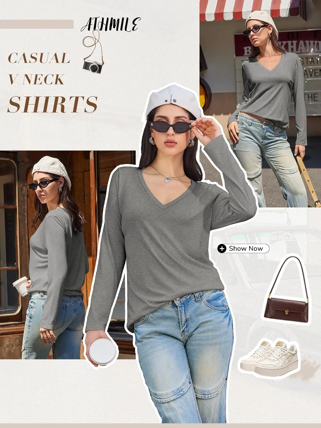 ATHMILE Womens Long Sleeve V Neck Shirts Basic Tee Casual Top Fall Trendy Tunic Outfits Fitted T Shirts