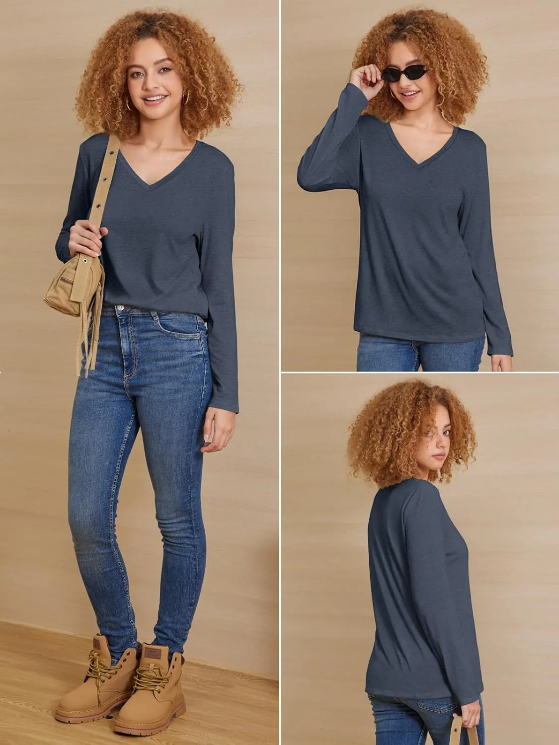 ATHMILE Womens Long Sleeve V Neck Shirts Basic Tee Casual Top Fall Trendy Tunic Outfits Fitted T Shirts