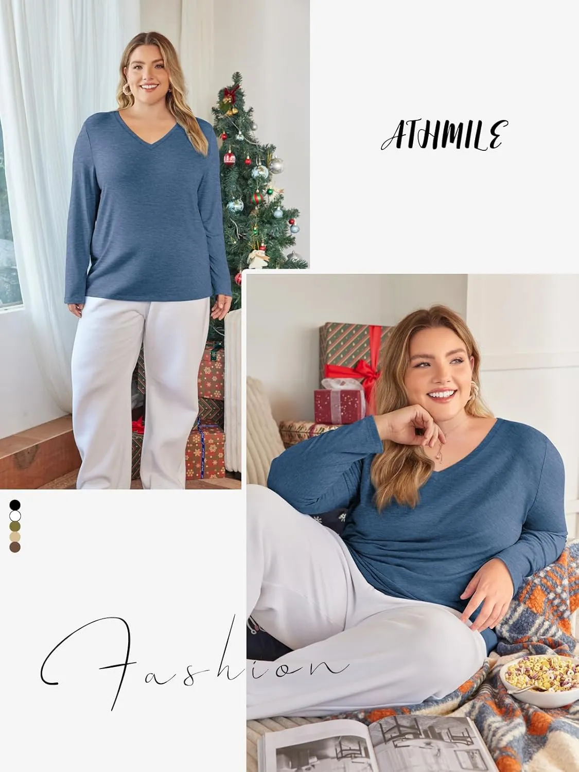 ATHMILE Womens Long Sleeve V Neck Shirts Basic Tee Casual Top Fall Trendy Tunic Outfits Fitted T Shirts