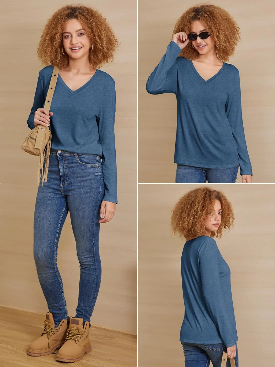 ATHMILE Womens Long Sleeve V Neck Shirts Basic Tee Casual Top Fall Trendy Tunic Outfits Fitted T Shirts