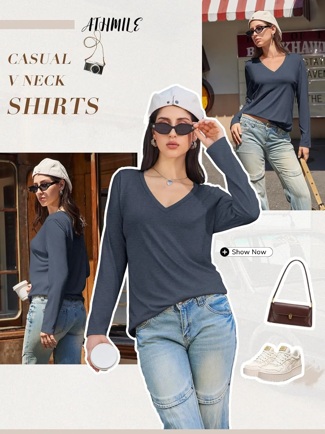 ATHMILE Womens Long Sleeve V Neck Shirts Basic Tee Casual Top Fall Trendy Tunic Outfits Fitted T Shirts