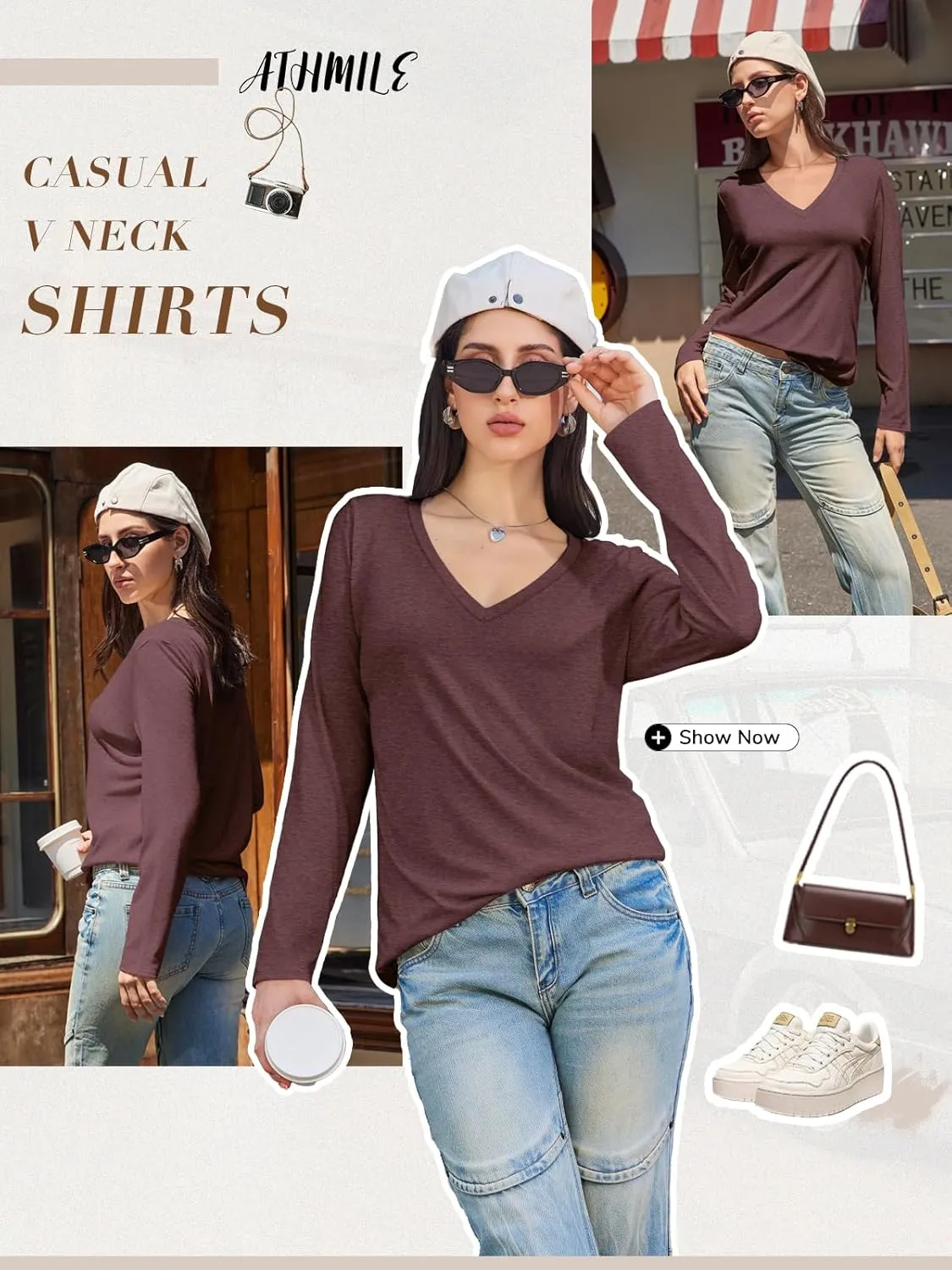 ATHMILE Womens Long Sleeve V Neck Shirts Basic Tee Casual Top Fall Trendy Tunic Outfits Fitted T Shirts