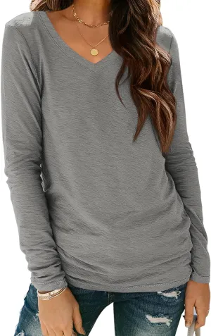 ATHMILE Womens Long Sleeve V Neck Shirts Basic Tee Casual Top Fall Trendy Tunic Outfits Fitted T Shirts