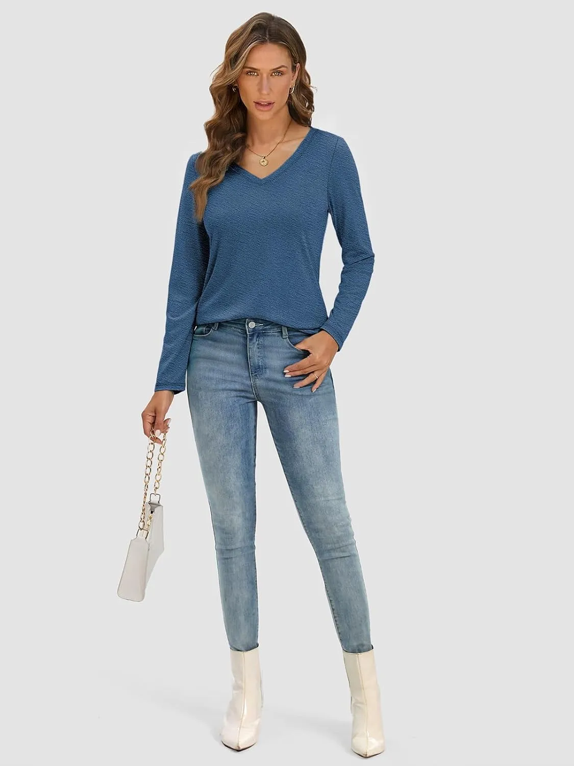 ATHMILE Womens Long Sleeve V Neck Shirts Basic Tee Casual Top Fall Trendy Tunic Outfits Fitted T Shirts