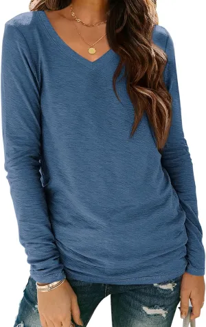 ATHMILE Womens Long Sleeve V Neck Shirts Basic Tee Casual Top Fall Trendy Tunic Outfits Fitted T Shirts