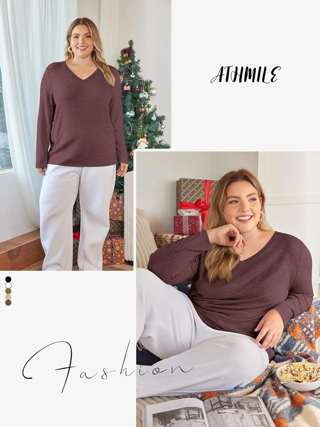 ATHMILE Womens Long Sleeve V Neck Shirts Basic Tee Casual Top Fall Trendy Tunic Outfits Fitted T Shirts
