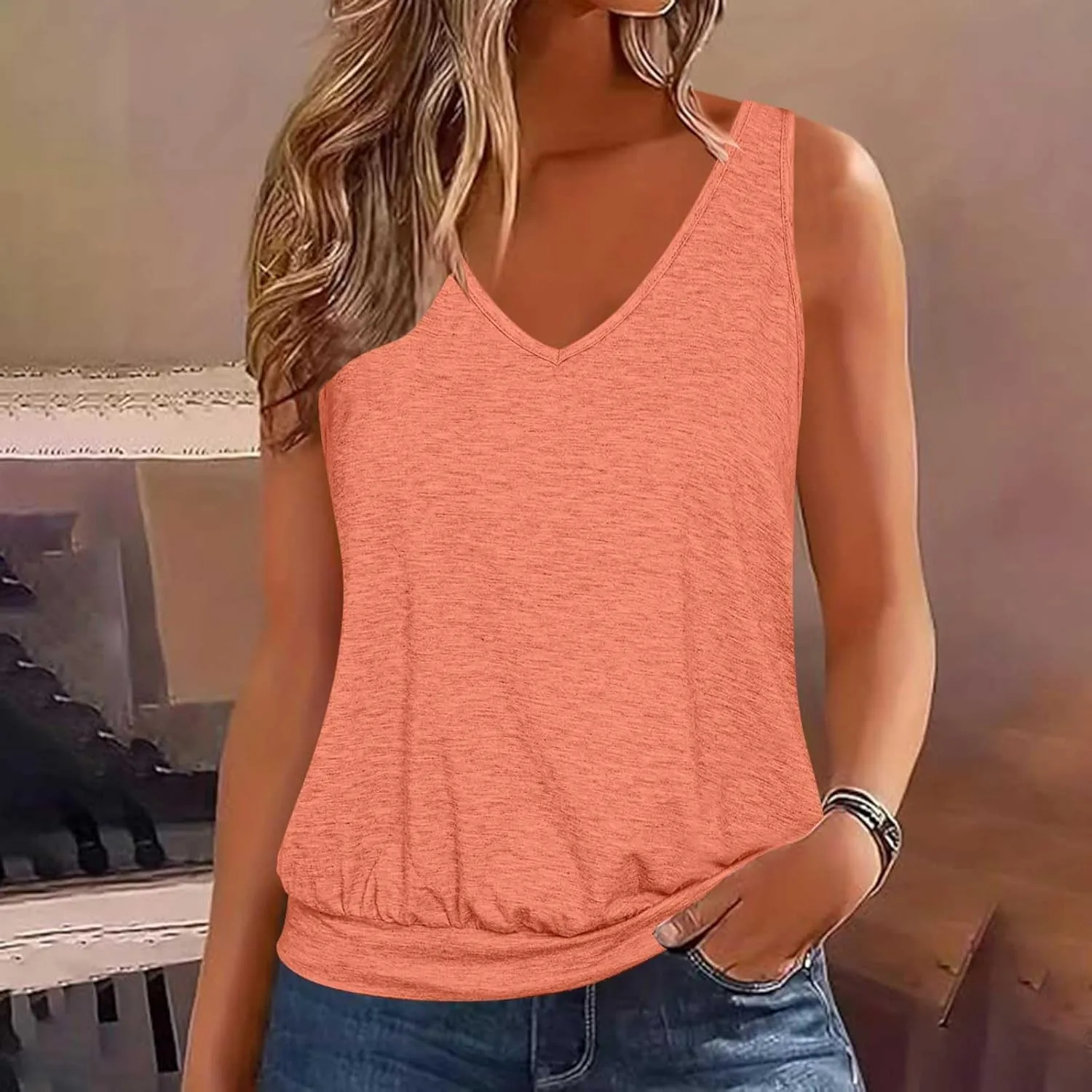Binmer Womens Plus Size Tank Tops Summer Sleeveless V/Crewneck Pleated Front T-Shirts Casual Loose Fit Tunics Camis Vest