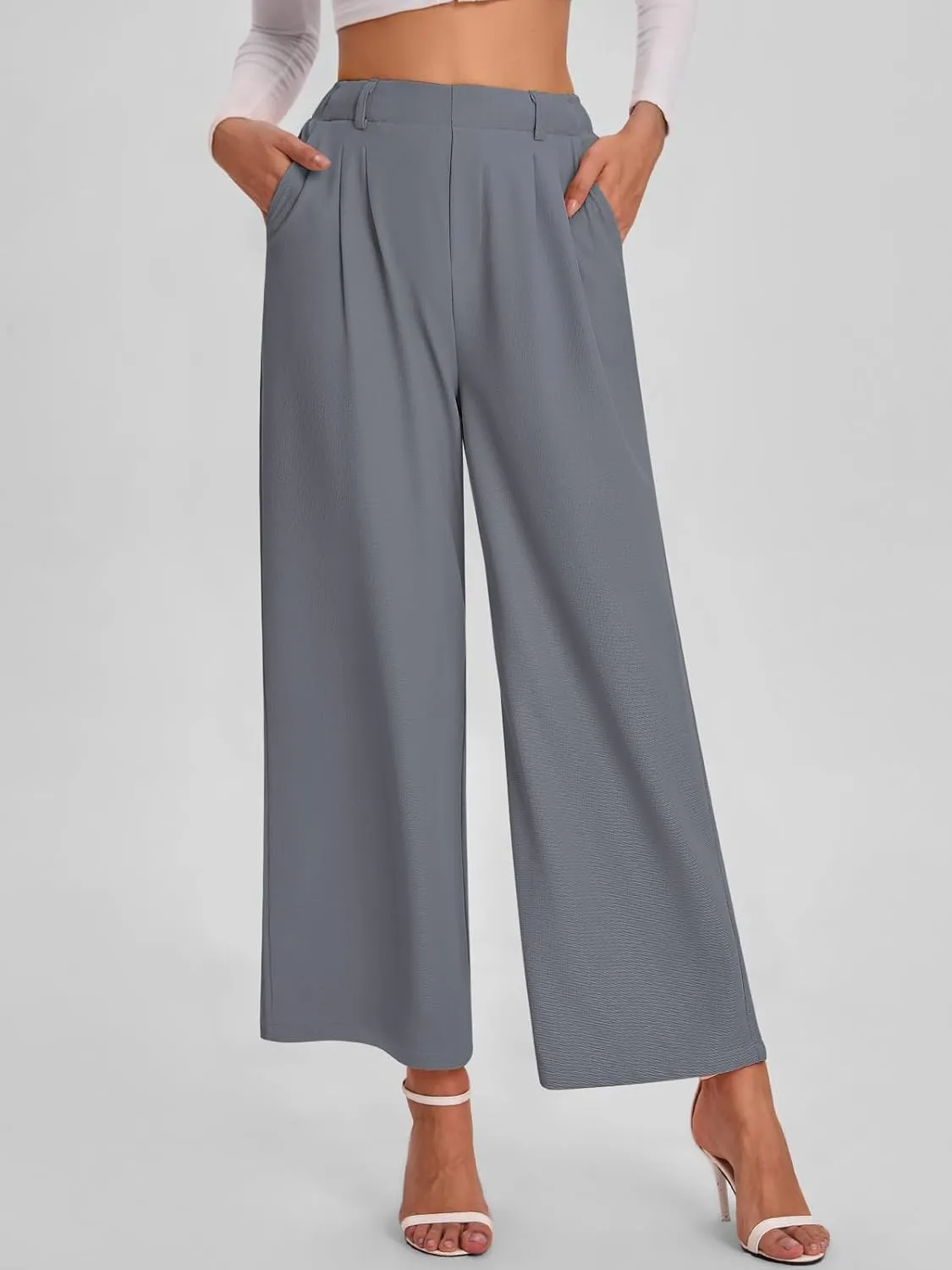 Bloggerlove Womens Casual Business Work Pants Fall Waffle High Waist Dress Pant Wide Leg Straight Trousers with Pockets 2024