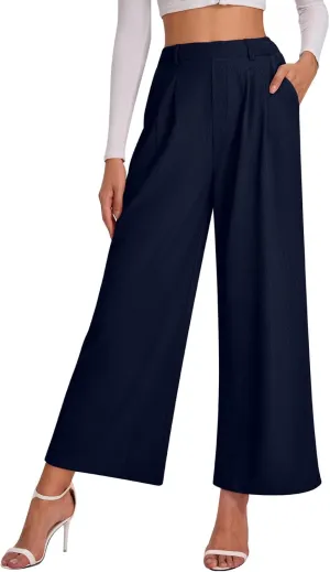 Bloggerlove Womens Casual Business Work Pants Fall Waffle High Waist Dress Pant Wide Leg Straight Trousers with Pockets 2024