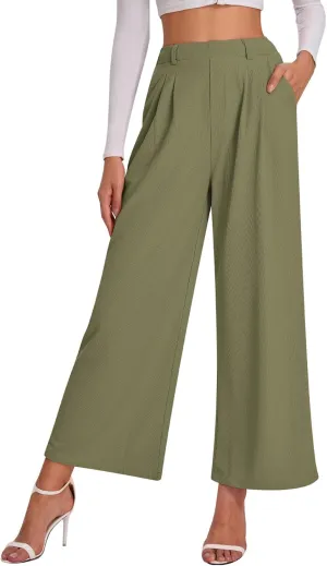 Bloggerlove Womens Casual Business Work Pants Fall Waffle High Waist Dress Pant Wide Leg Straight Trousers with Pockets 2024