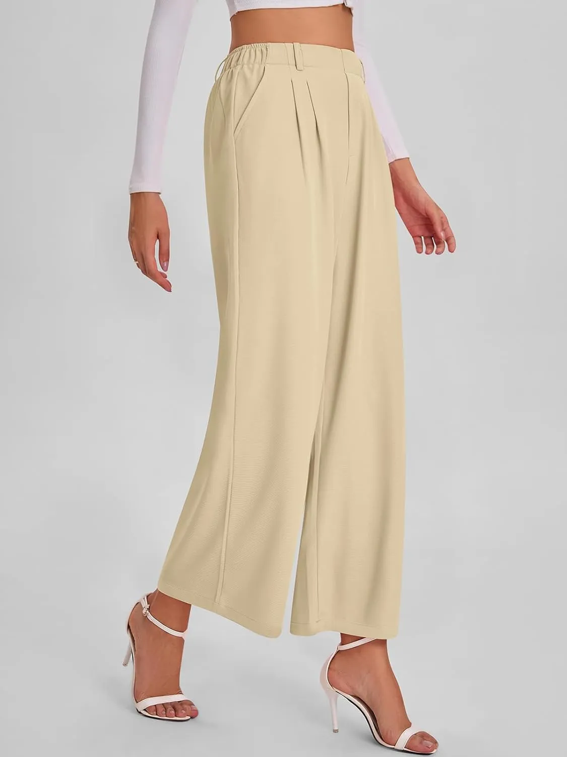 Bloggerlove Womens Casual Business Work Pants Fall Waffle High Waist Dress Pant Wide Leg Straight Trousers with Pockets 2024