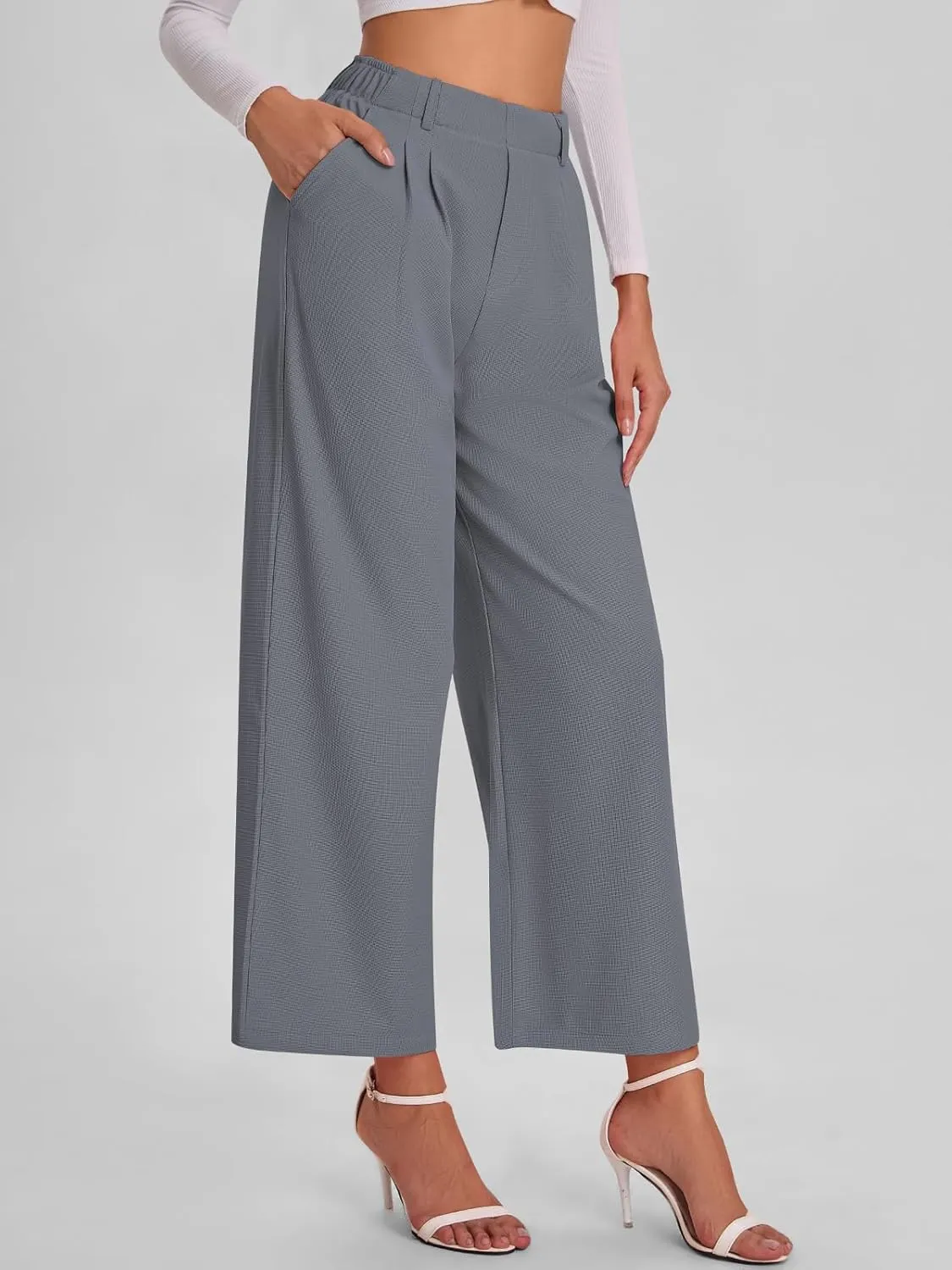 Bloggerlove Womens Casual Business Work Pants Fall Waffle High Waist Dress Pant Wide Leg Straight Trousers with Pockets 2024