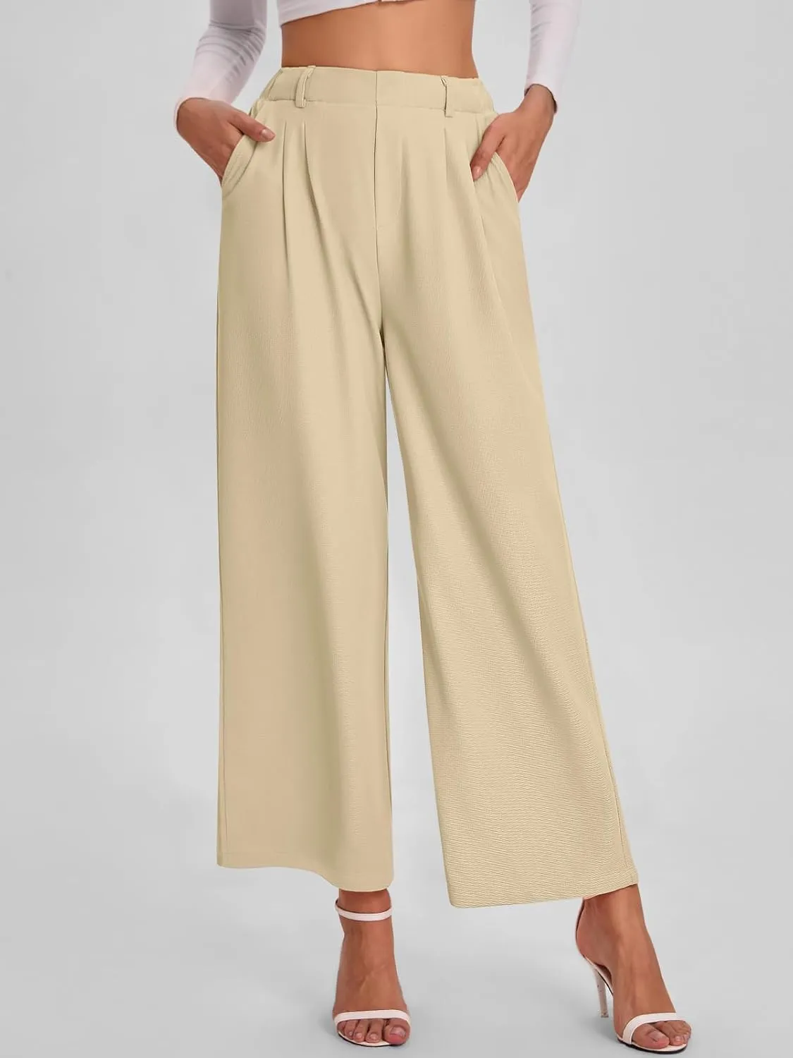 Bloggerlove Womens Casual Business Work Pants Fall Waffle High Waist Dress Pant Wide Leg Straight Trousers with Pockets 2024