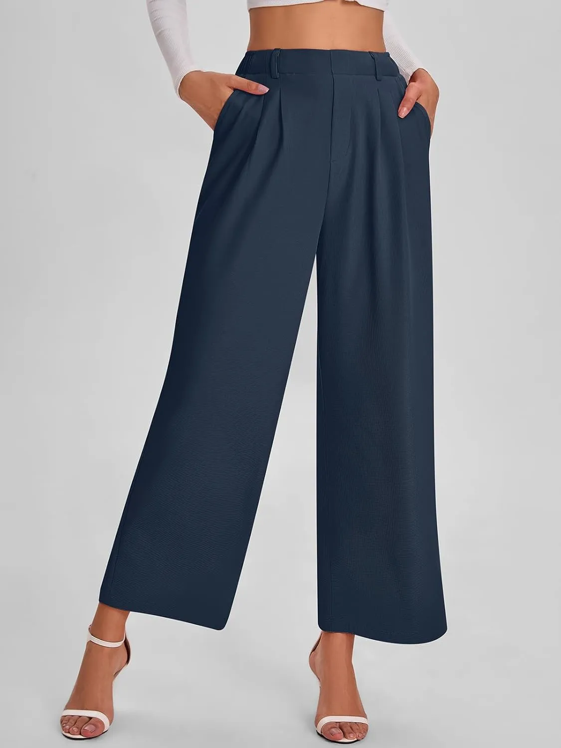 Bloggerlove Womens Casual Business Work Pants Fall Waffle High Waist Dress Pant Wide Leg Straight Trousers with Pockets 2024