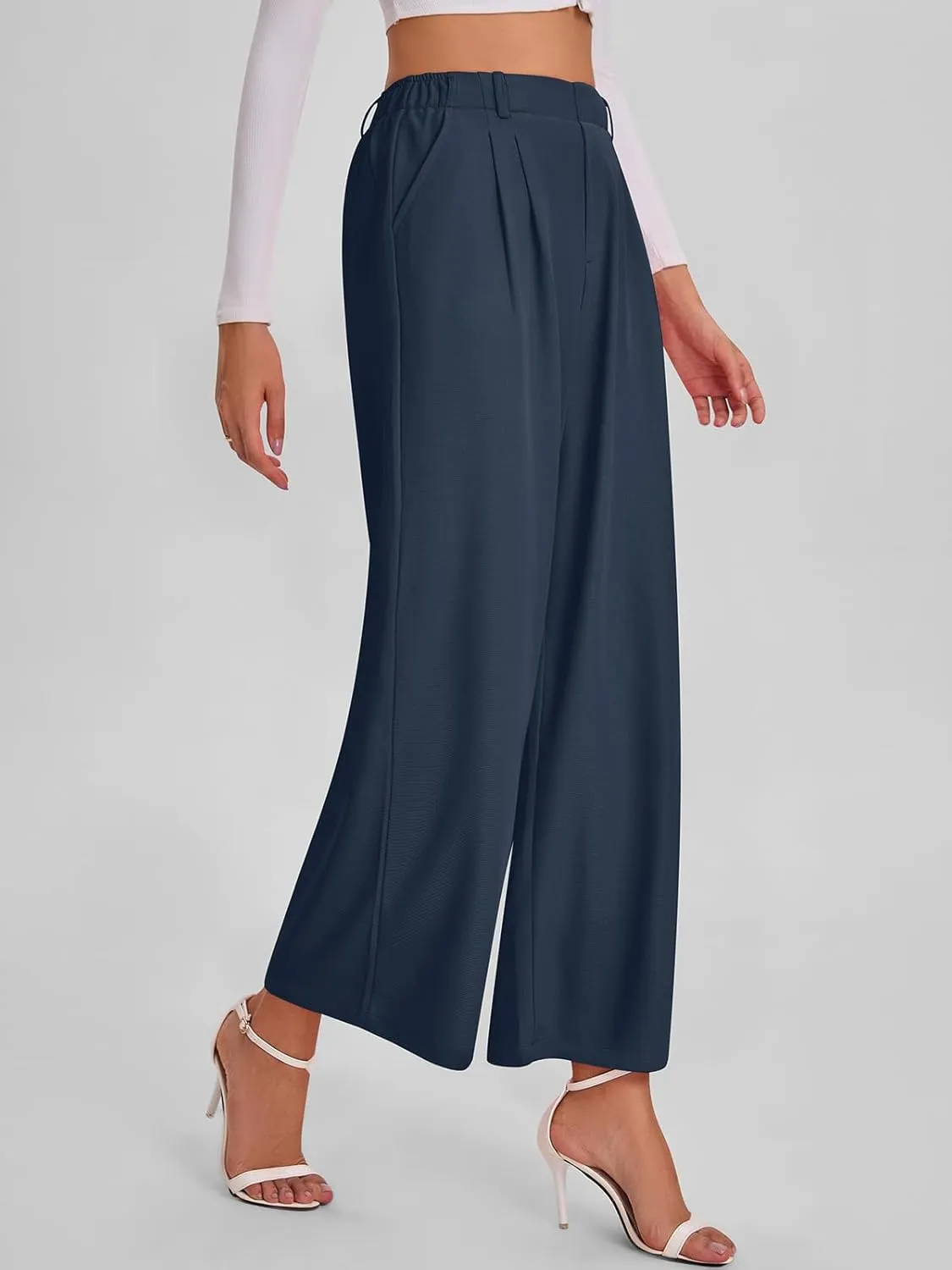 Bloggerlove Womens Casual Business Work Pants Fall Waffle High Waist Dress Pant Wide Leg Straight Trousers with Pockets 2024