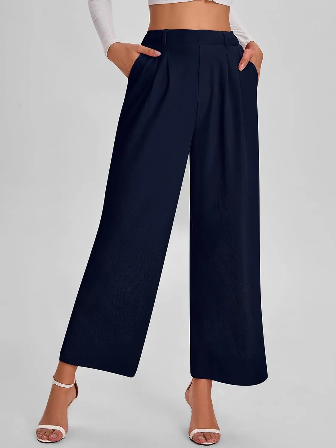 Bloggerlove Womens Casual Business Work Pants Fall Waffle High Waist Dress Pant Wide Leg Straight Trousers with Pockets 2024