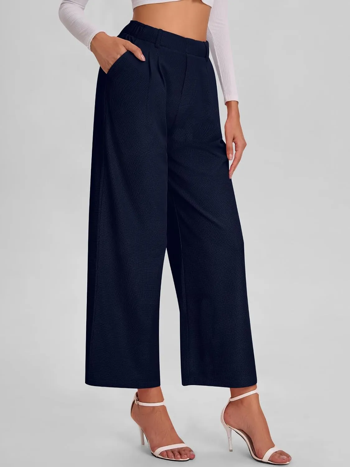 Bloggerlove Womens Casual Business Work Pants Fall Waffle High Waist Dress Pant Wide Leg Straight Trousers with Pockets 2024