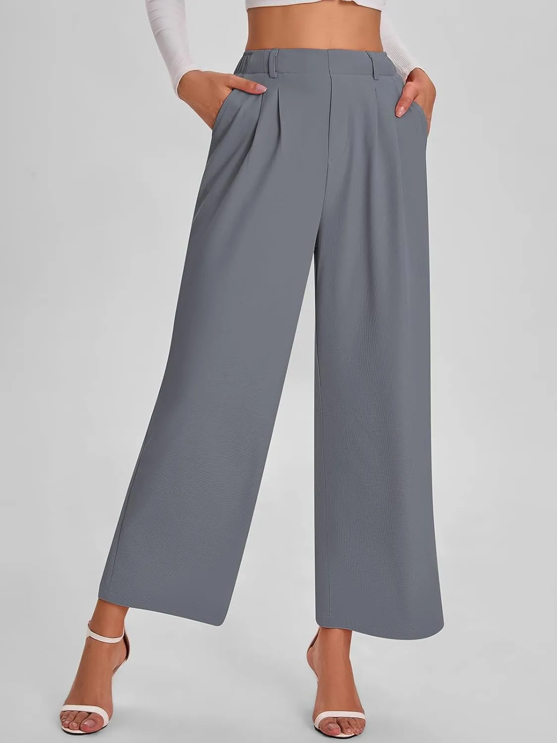 Bloggerlove Womens Casual Business Work Pants Fall Waffle High Waist Dress Pant Wide Leg Straight Trousers with Pockets 2024
