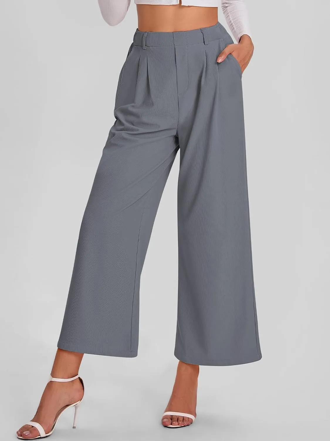 Bloggerlove Womens Casual Business Work Pants Fall Waffle High Waist Dress Pant Wide Leg Straight Trousers with Pockets 2024