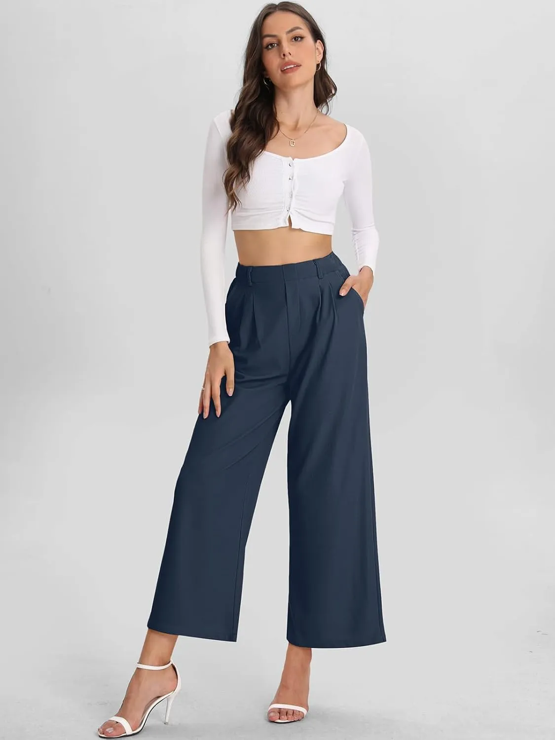 Bloggerlove Womens Casual Business Work Pants Fall Waffle High Waist Dress Pant Wide Leg Straight Trousers with Pockets 2024