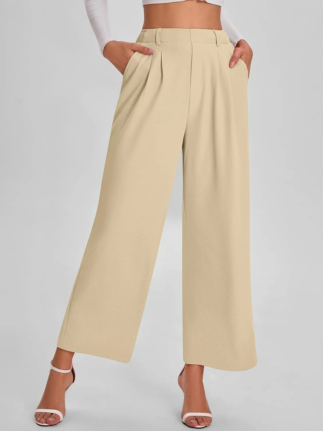 Bloggerlove Womens Casual Business Work Pants Fall Waffle High Waist Dress Pant Wide Leg Straight Trousers with Pockets 2024