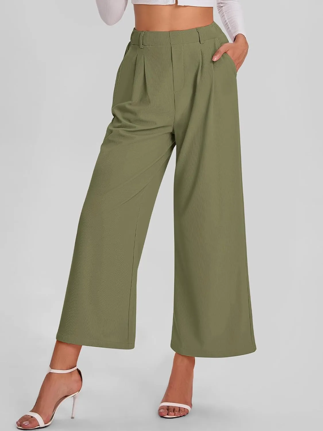 Bloggerlove Womens Casual Business Work Pants Fall Waffle High Waist Dress Pant Wide Leg Straight Trousers with Pockets 2024