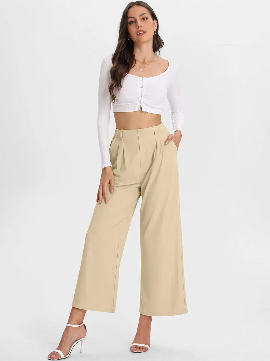 Bloggerlove Womens Casual Business Work Pants Fall Waffle High Waist Dress Pant Wide Leg Straight Trousers with Pockets 2024