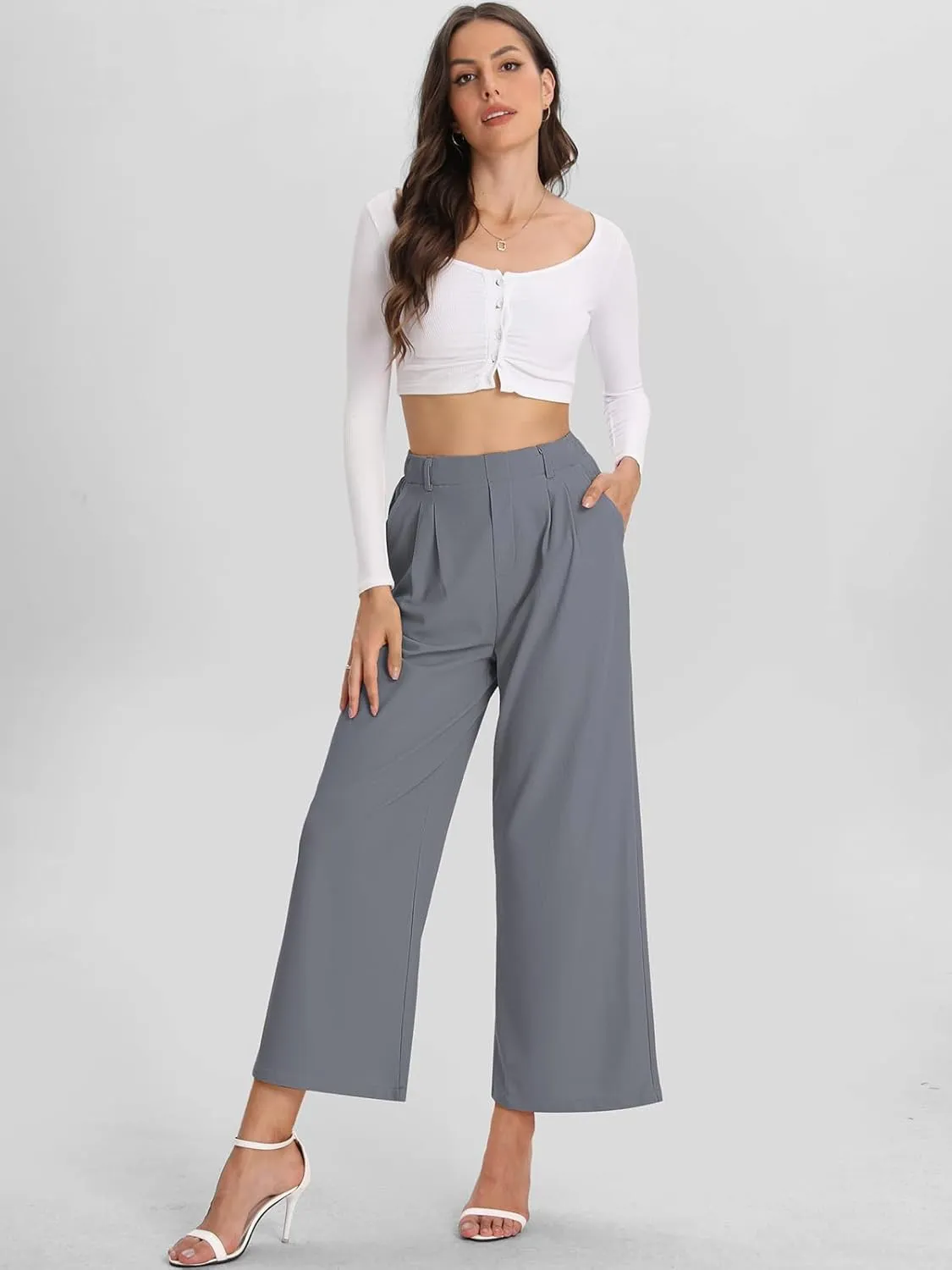 Bloggerlove Womens Casual Business Work Pants Fall Waffle High Waist Dress Pant Wide Leg Straight Trousers with Pockets 2024