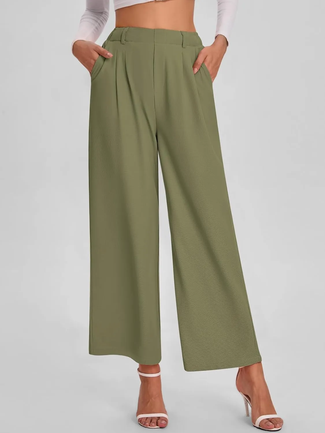Bloggerlove Womens Casual Business Work Pants Fall Waffle High Waist Dress Pant Wide Leg Straight Trousers with Pockets 2024