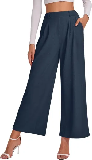 Bloggerlove Womens Casual Business Work Pants Fall Waffle High Waist Dress Pant Wide Leg Straight Trousers with Pockets 2024