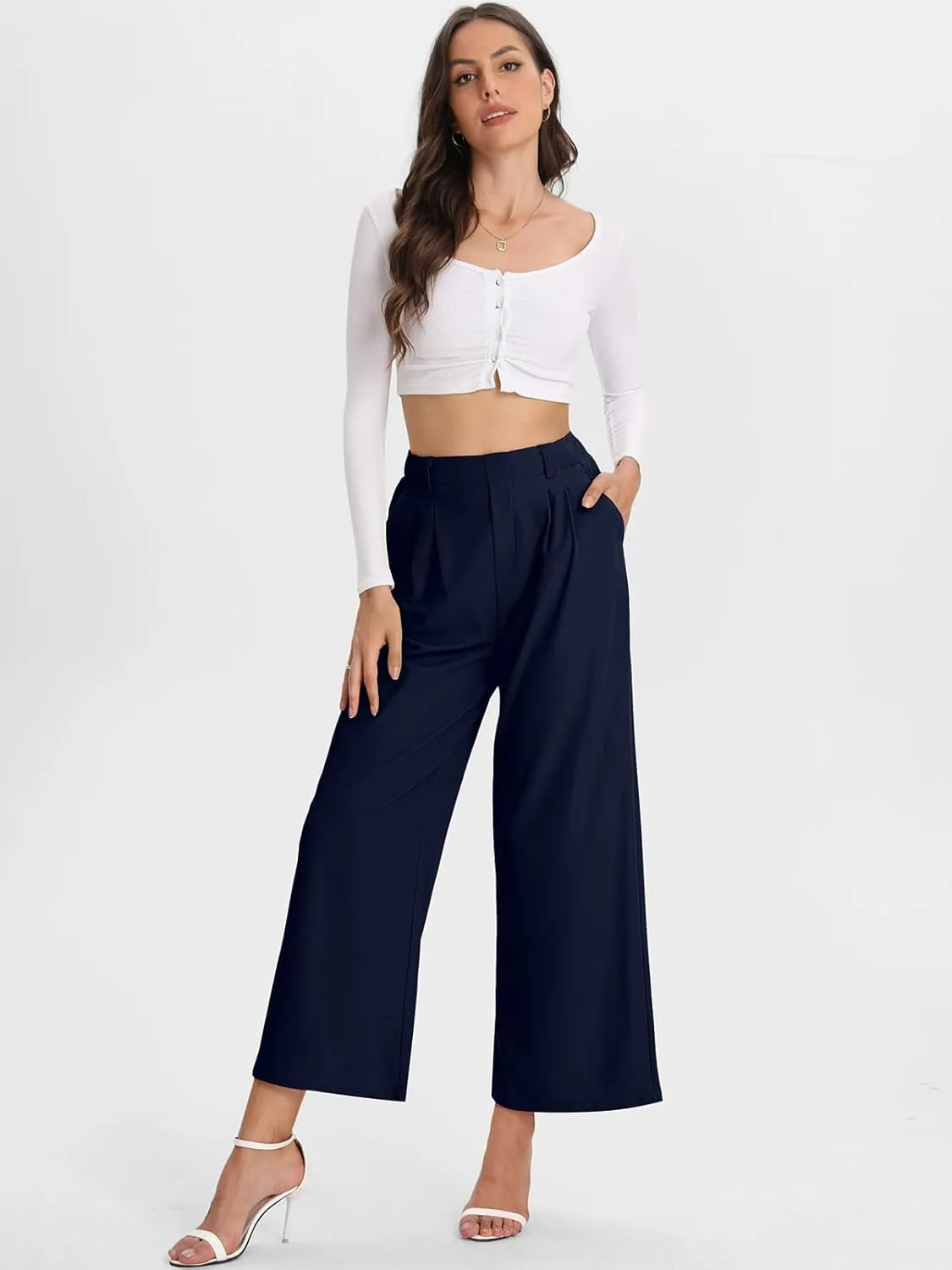 Bloggerlove Womens Casual Business Work Pants Fall Waffle High Waist Dress Pant Wide Leg Straight Trousers with Pockets 2024